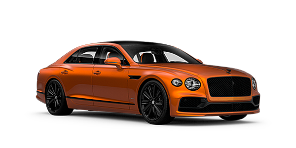 Bentley Oslo Bentley Flying Spur Speed front side angled view in Orange Flame coloured exterior. 