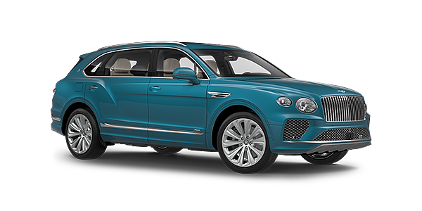 Bentley Oslo Bentayga Extended Wheelbase Azure luxury SUV front three quarter in Topaz Blue by Mulliner paint